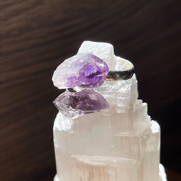 Raw Amethyst Crystal Wrap Ring on Stainless Steel Setting Adjustable One Size - Picture 4 of 9